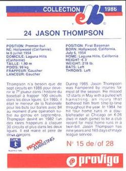 1986 Provigo Montreal Expos #15 Jason Thompson Back