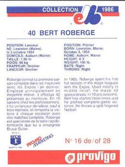 1986 Provigo Montreal Expos #16 Bert Roberge Back
