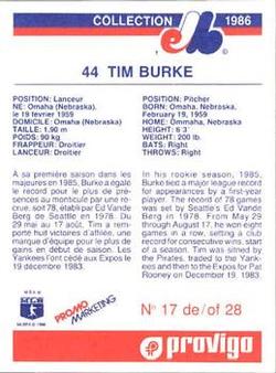1986 Provigo Montreal Expos #17 Tim Burke Back