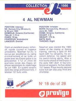 1986 Provigo Montreal Expos #18 Al Newman Back
