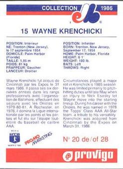 1986 Provigo Montreal Expos #20 Wayne Krenchicki Back