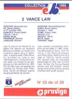 1986 Provigo Montreal Expos #23 Vance Law Back