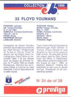 1986 Provigo Montreal Expos #24 Floyd Youmans Back