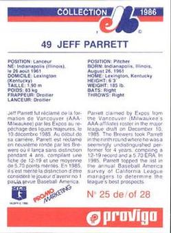 1986 Provigo Montreal Expos #25 Jeff Parrett Back
