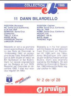 1986 Provigo Montreal Expos #2 Dann Bilardello Back