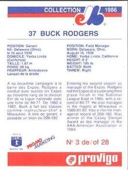 1986 Provigo Montreal Expos #3 Buck Rodgers Back