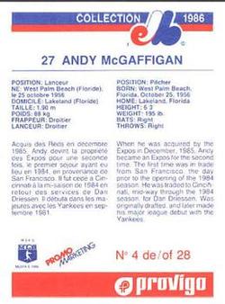 1986 Provigo Montreal Expos #4 Andy McGaffigan Back
