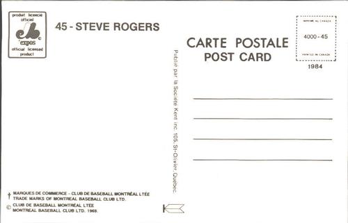 1984 Montreal Expos Postcards #NNO Steve Rogers Back