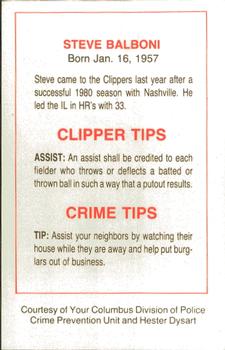 1982 Columbus Clippers Police #NNO Steve Balboni Back