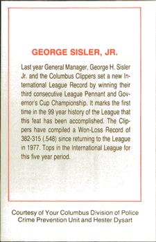 1982 Columbus Clippers Police #NNO George H. Sisler Jr. Back