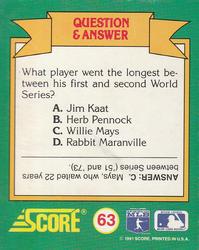 1991 Score - Magic Motion: World Series Trivia #63 Q&A Card 7 Back