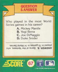 1991 Score - Magic Motion: World Series Trivia #67 Q&A Card 11 Back