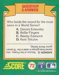 1991 Score - Magic Motion: World Series Trivia #72 Q&A Card 16 Back