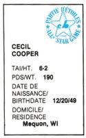 1982 All-Star Game Program Inserts #NNO Cecil Cooper Back