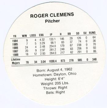 1989 Cadaco Discs #NNO Roger Clemens Back