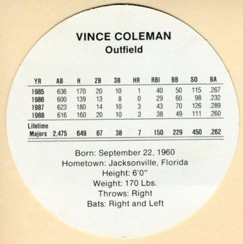 1989 Cadaco Discs #NNO Vince Coleman Back