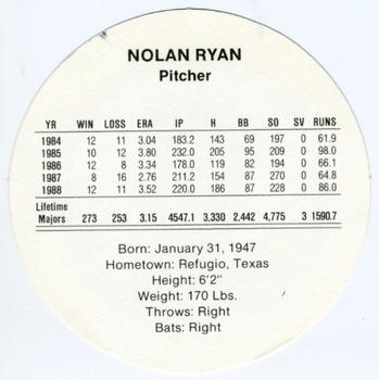 1989 Cadaco Discs #NNO Nolan Ryan Back