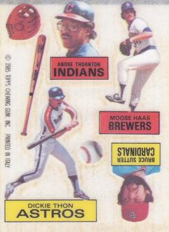 1985 Topps Rub-downs #NNO Moose Haas / Bruce Sutter / Dickie Thon / Andre Thornton Front