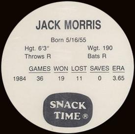 1985 Cain's Detroit Tigers Discs #NNO Jack Morris Back