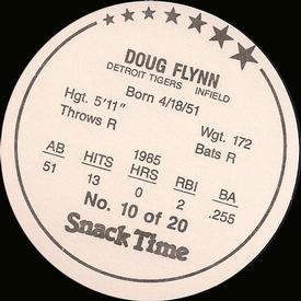 1986 Cain's Detroit Tigers Discs #10 Doug Flynn Back