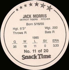 1986 Cain's Detroit Tigers Discs #11 Jack Morris Back