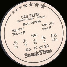 1986 Cain's Detroit Tigers Discs #12 Dan Petry Back