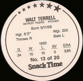 1986 Cain's Detroit Tigers Discs #13 Walt Terrell Back