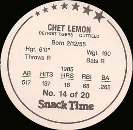 1986 Cain's Detroit Tigers Discs #14 Chet Lemon Back