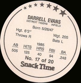1986 Cain's Detroit Tigers Discs #17 Darrell Evans Back