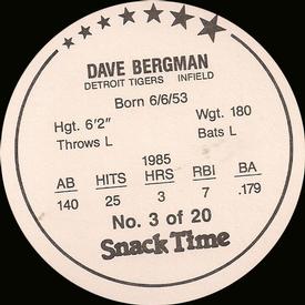 1986 Cain's Detroit Tigers Discs #3 Dave Bergman Back