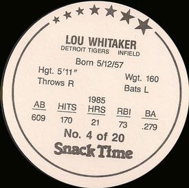 1986 Cain's Detroit Tigers Discs #4 Lou Whitaker Back