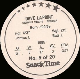 1986 Cain's Detroit Tigers Discs #5 Dave LaPoint Back