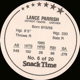 1986 Cain's Detroit Tigers Discs #6 Lance Parrish Back