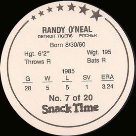 1986 Cain's Detroit Tigers Discs #7 Randy O'Neal Back