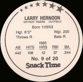 1986 Cain's Detroit Tigers Discs #9 Larry Herndon Back