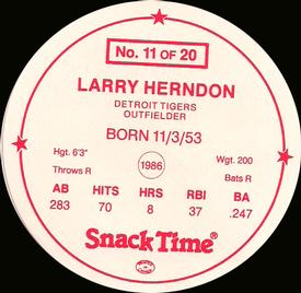 1987 Cain's Detroit Tigers Discs #11 Larry Herndon Back