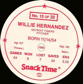 1987 Cain's Detroit Tigers Discs #13 Willie Hernandez Back