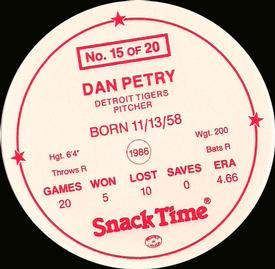 1987 Cain's Detroit Tigers Discs #15 Dan Petry Back