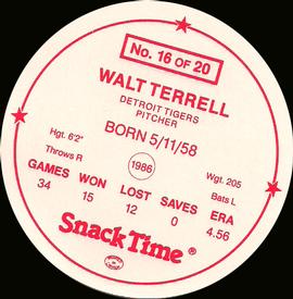 1987 Cain's Detroit Tigers Discs #16 Walt Terrell Back