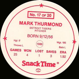 1987 Cain's Detroit Tigers Discs #17 Mark Thurmond Back
