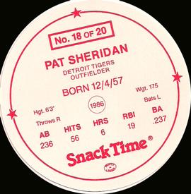 1987 Cain's Detroit Tigers Discs #18 Pat Sheridan Back
