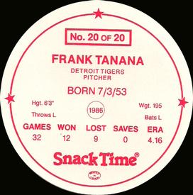 1987 Cain's Detroit Tigers Discs #20 Frank Tanana Back