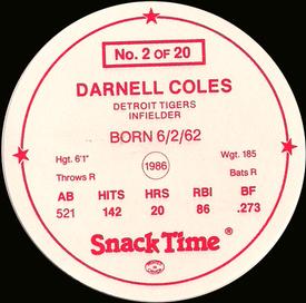 1987 Cain's Detroit Tigers Discs #2 Darnell Coles Back