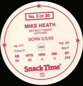 1987 Cain's Detroit Tigers Discs #3 Mike Heath Back