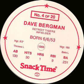 1987 Cain's Detroit Tigers Discs #4 Dave Bergman Back