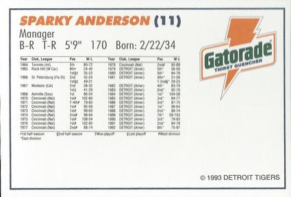 1993 Gatorade Detroit Tigers #NNO Sparky Anderson Back