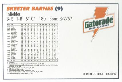 1993 Gatorade Detroit Tigers #NNO Skeeter Barnes Back