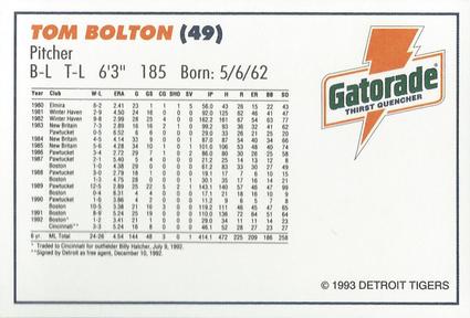 1993 Gatorade Detroit Tigers #NNO Tom Bolton Back
