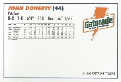 1993 Gatorade Detroit Tigers #NNO John Doherty Back