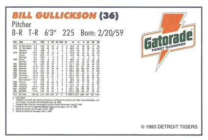 1993 Gatorade Detroit Tigers #NNO Bill Gullickson Back
